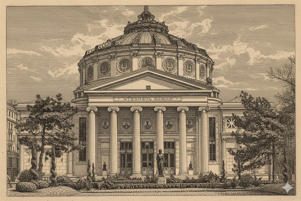 o imagine a ateneului roman in alb negru